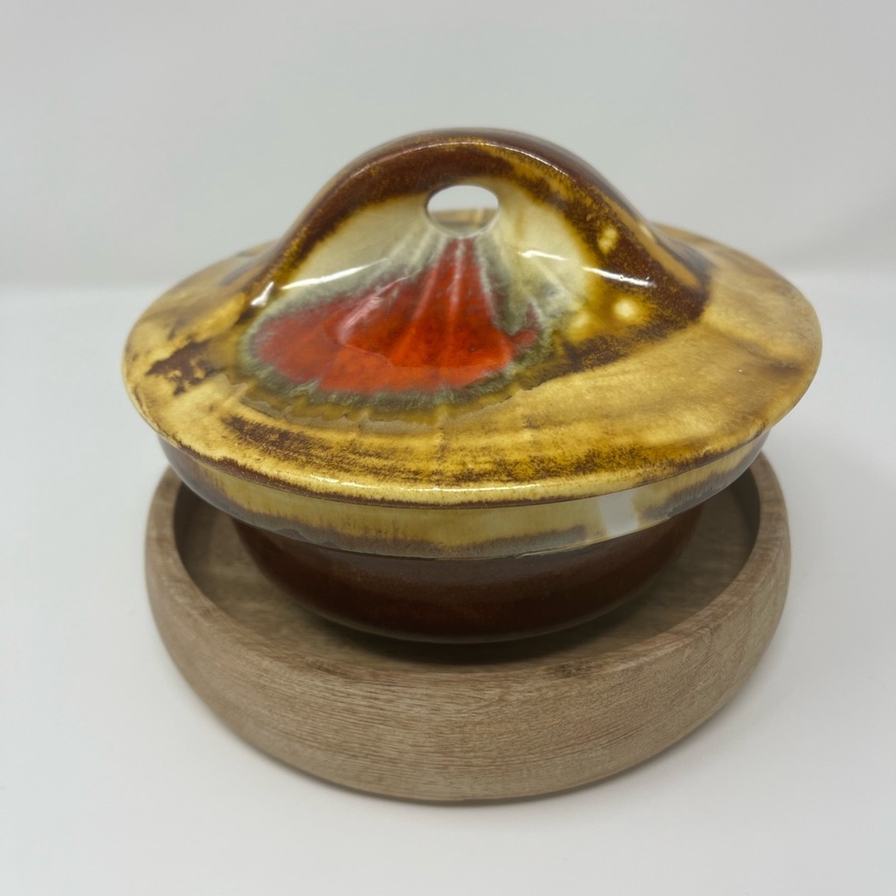 MCM Marcia of California Pottery Soup Bowl Lidded Brown Drip Glaze